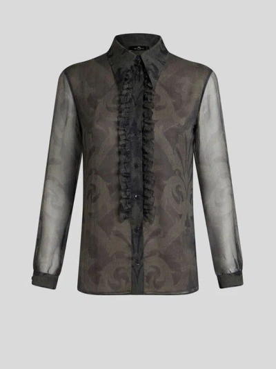 Etro , Printed Silk Shirt With Ruching, Woman, Grey, Size 46