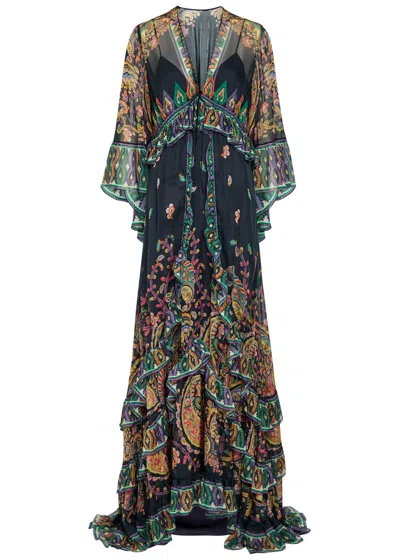 Etro Blue Silk Chiffon Floral Paisley-print Long Dress In Multi
