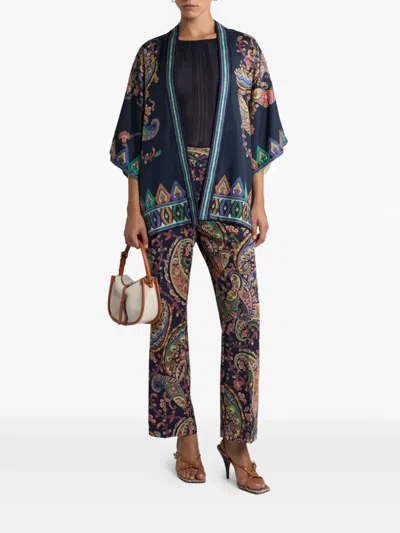Etro Floral Paisley-print Silk Kimono Top In Blue