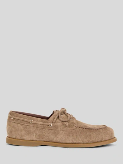 Etro Printed Suede Boat Shoes In Brown