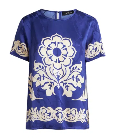 Etro Floral Print Satin Round Neck T-shirt In Blue