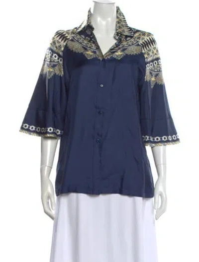 Pre-owned Etro Printed Three-quarter Sleeve Blouse In Blue