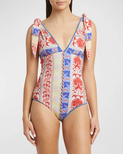 Etro Printed Tie-shoulder One-piece Swimsuit In Print On White Base