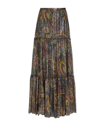 Etro Printed Tiered Metallic Silk Midi Skirt In Black