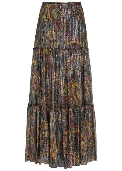 Etro Printed Tiered Metallic Silk Midi Skirt In Brown