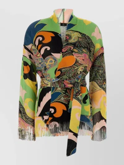 Etro Printed Viscose Cardigan Belted Waist Design In Green