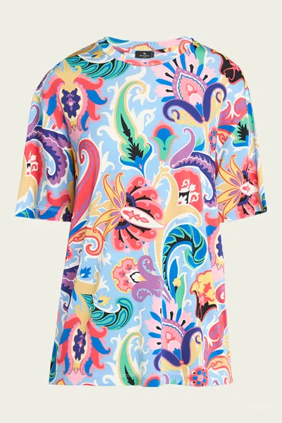 Etro Printed Viscose Jersey T-shirt In Blue Multicolor