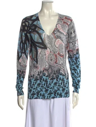 Pre-owned Etro Printed V-neck Sweater In Blue