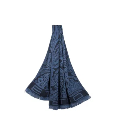 Etro Printed Wool- And Silk-blend Scarf In Blue