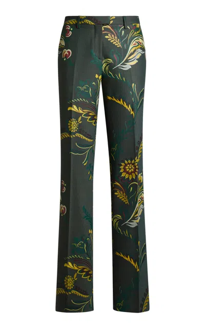 Etro Printed Wool-blend Straight-leg Pants In Dark Green