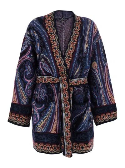 Etro Printed Wool V-neck Cardigan With Belted Front In Multicolor