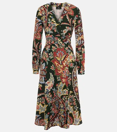 Etro Floral Crepe Wrap Midi Dress In Green