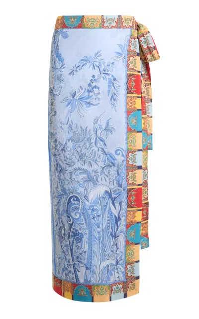 Etro Printed Wrap-front Cotton Midi Skirt In Blue