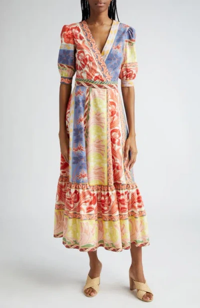 Etro Wallpaper Puff-sleeve Flounce-hem Midi Dress In Bunt