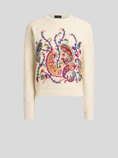 Etro Cotton-blend Sweater With Floral Paisley Embroidery In Neutral
