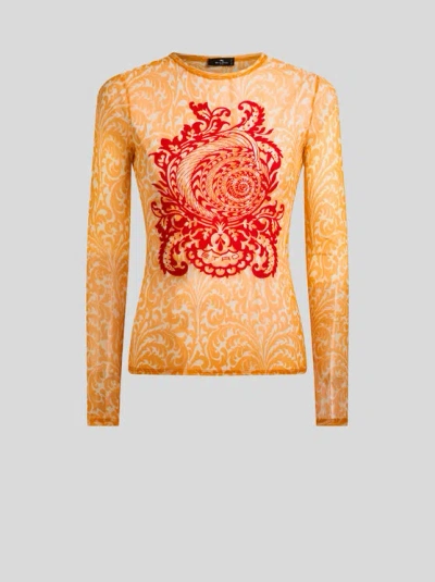 Etro Tulle Sweater With Shell Print In Orange