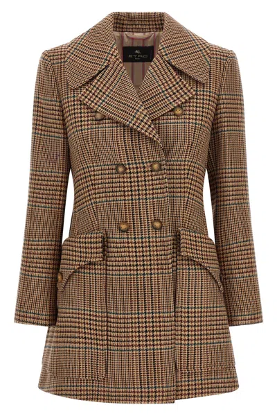 Etro Pure Wool Coat With Prince Of Wales Check In Brown