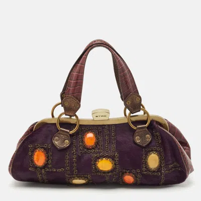 Pre-owned Etro Purple Calfhair And Croc Embossed Leather Embellished Frame Satchel