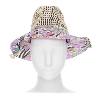 Pre-owned Etro Purple Cotton Blend Paisley Print Beige Raffia Jute Floppy Hat S