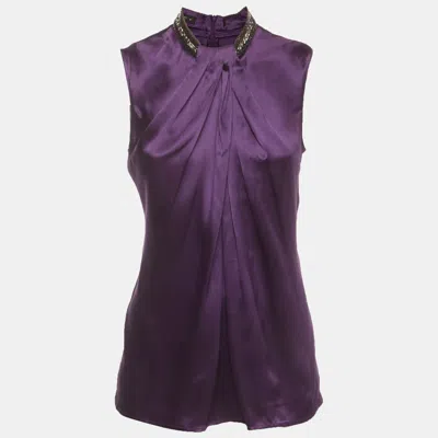 Pre-owned Etro Purple Draped Stretch Satin Beaded Mock Neck Blouse S