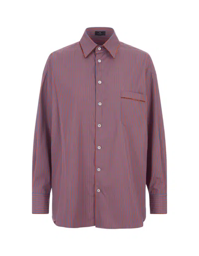 Etro Striped Cotton Poplin Shirt In Blue