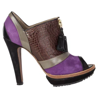 Pre-owned Etro Purple Suede Embossed Open Toe Platform Ankle Boots Shoes 37