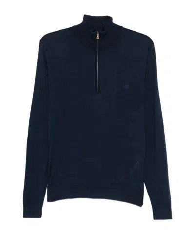 Etro Wool And Silk Sweater With Zip And Pegasus Embroidery In Black