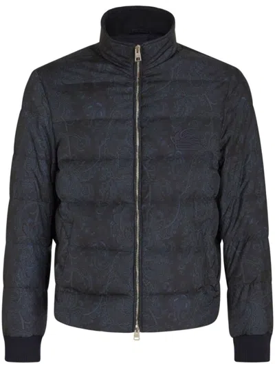 Etro Quilted Blue Sportswear Jacket With Paisley Pattern