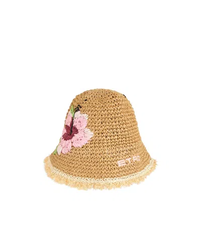 Etro Raffia Bucket Hat With Embroidery In Brown