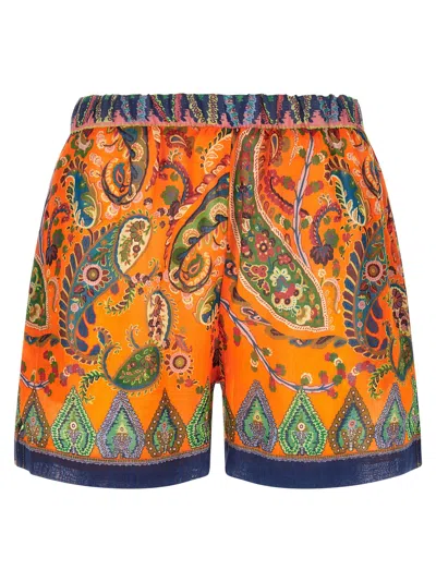 Etro Orange Shorts Printed Shorts With Floral Motif In Ramie For Men