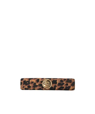 Etro Rectangular Hair Clip In Brown Leopard Print