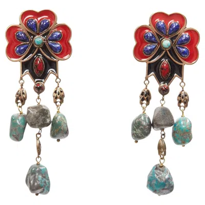 Pre-owned Etro Red Blue Enamel Flower Drop Stone Gold Drop Clip On Earrings Pair