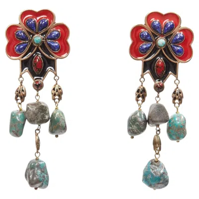 Pre-owned Etro Red Blue Enamel Flower Drop Stone Gold Drop Clip On Earrings Pair