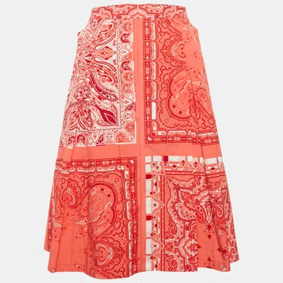 Pre-owned Etro Red Printed Cotton Box Pleat Detail Short Skirt L