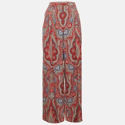 Pre-owned Etro Red Printed Silk Wide Leg Pleated Trousers M