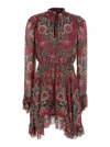 Etro Red Ruched Mini Dress With All-over Floral Print In Viscose Blend Woman In Pink