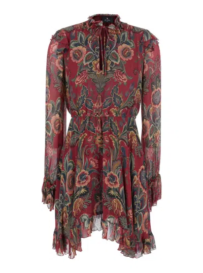Etro Red Ruched Mini Dress With All-over Floral Print In Viscose Blend Woman In Pink