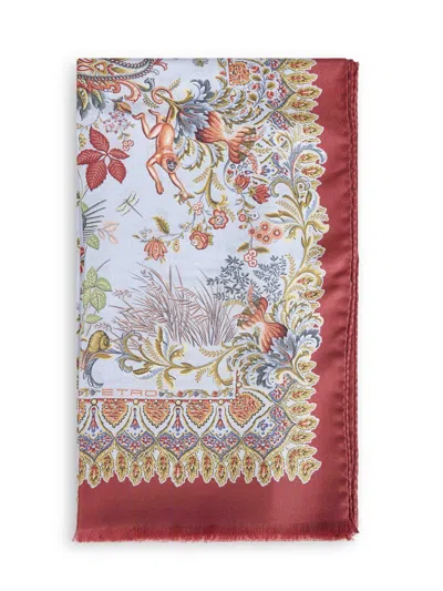 Etro Women Red Silk Twill Flora And Fauna-pattern Scarf In Multi