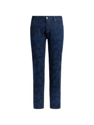 Etro Regular-fit Jeans In Cotton Jacquard Denim With Floral Motif In Blue