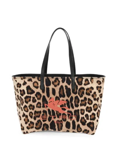 Etro Reversible Pebbled Leather Tote Bag In Animal Print