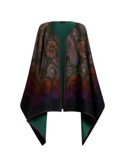 Etro Reversible Wool Cape With Degradé Paisley Motif In Green