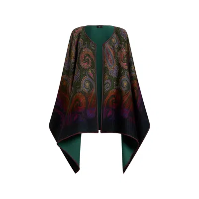 Etro Reversible Wool Cape With Degradé Paisley Motif In Green/blue