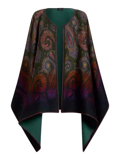 Etro Reversible Wool Cape With Dégradé Paisley Pattern In Green