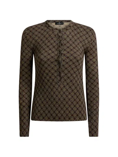 Etro Ribbed Henley-neck Sweater With Micro Diamond Motif In Green