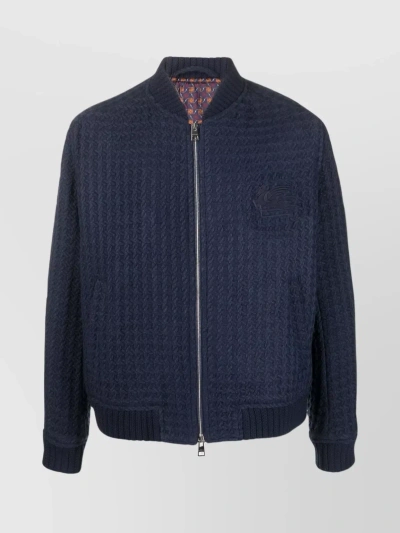 Etro Ribbed Intarsia Logo Bomber With Textured Pattern In Blue