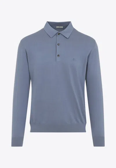 Etro Ribbed Knit Long-sleeved Polo T-shirt In Blue