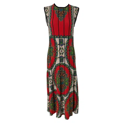 Pre-owned Etro Ribbed Orange White Green Paisley Jersey Jewel Neck Sleeveless Maxi Dress