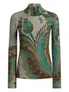 Etro Ribbed Turtleneck Sweater With Paisley Print In Green