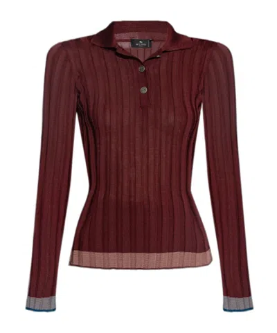 Etro Ribbed Polo Shirt With Pegaso Buttons In Red