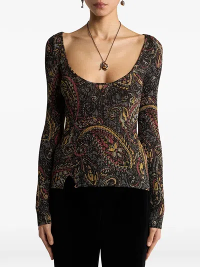 Etro Ribbed Sweater With Floral Paisley Motif In Black